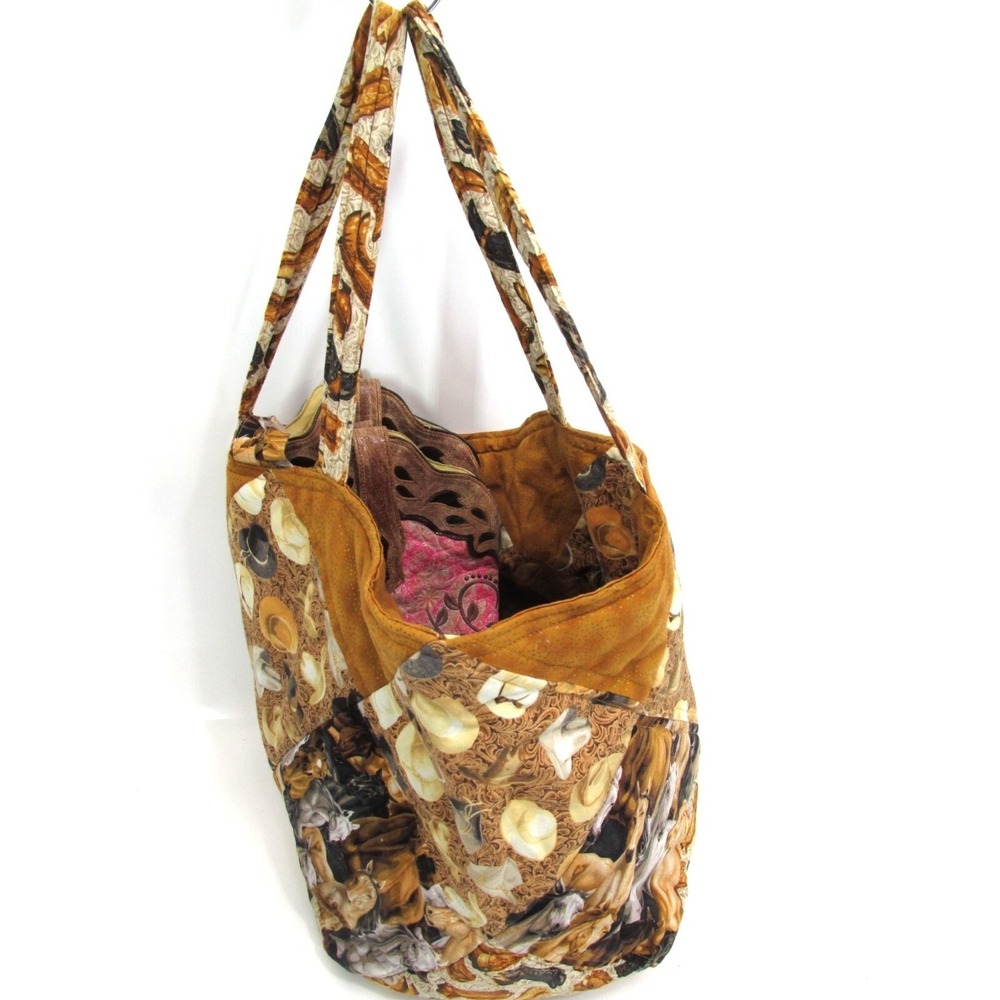 Unique Horse Themed Patchwork Tote Boot Bag Cowboy Hat‎ Button Fabric Mustang